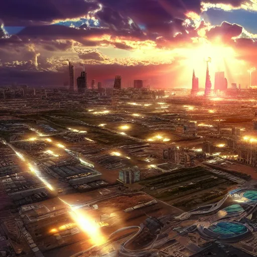 Prompt: photo of a futuristic solarpunk city, ground level, sunset, hdr god rays