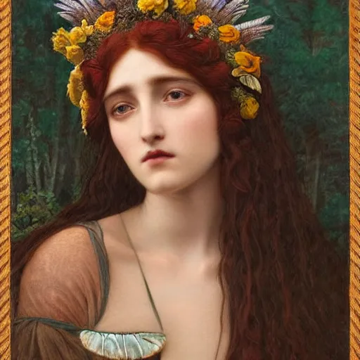 Image similar to Beautiful Pre-Raphaelite goddess of wearing an intricate crow headdress, in the style of John William Godward and Anna Dittman, close-up portrait, porcelain skin, head in focus, flowers and plants, etheric, moody, intricate, mystical,