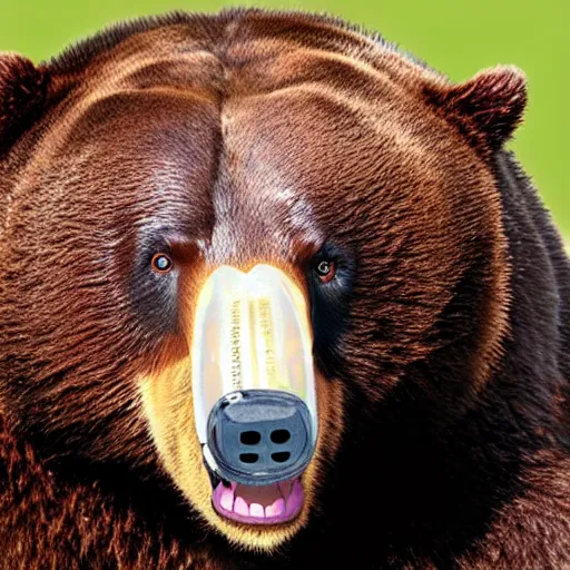 Image similar to close up of bear with and open mouth 3 ribs in between its teeth, frightening, disturbing