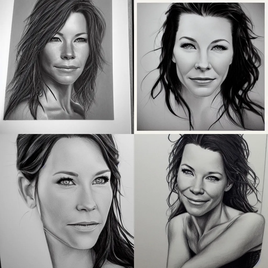 Prompt: Black and white pencil sketch portrait of Evangeline Lilly, trending on Instagram, photorealistic