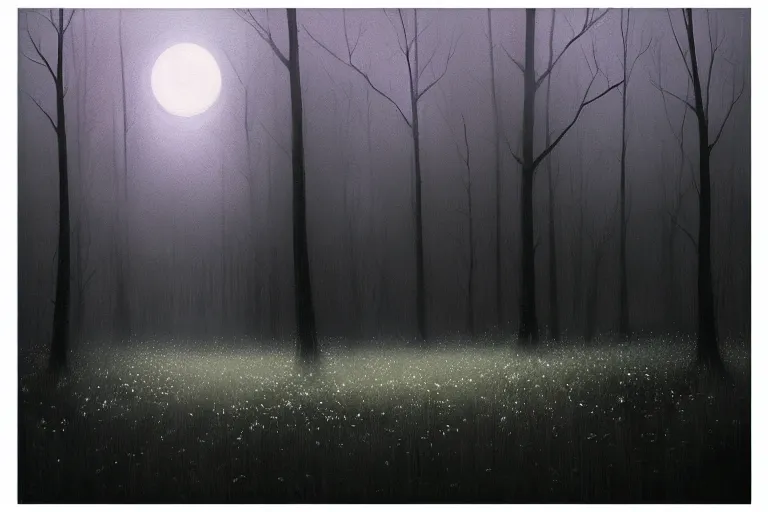 Prompt: dark and spooky painting of a forest dimly lit at night with tiny purple morning glory flowers trailing at the base of trees. foggy cinematic volumetric darkness, muted colour palette, detailed oil painting on canvas kazuo oga, makoto shinkai