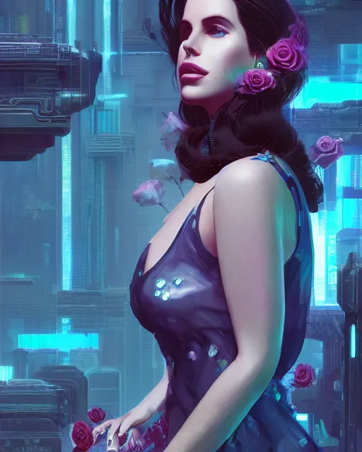 Image similar to portrait of lana del rey as a cyberpunk cyborg. roses, sci - fi, missing panels, intricate abstract upper body intricate artwork, by tooth wu, wlop, beeple, dan mumford. concept art, octane render, deviantart, greg rutkowski, cinematic, key art, hyperrealism, iridescent accents