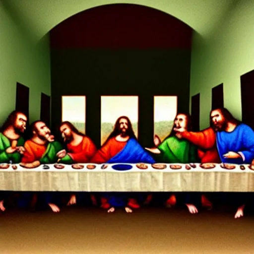 Image similar to the last supper with undeads instead of humans