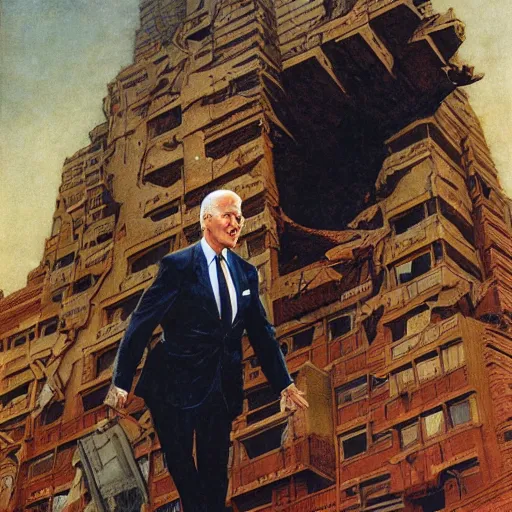 Image similar to immense, majestic, surreal, terrifying joe biden crushing buildings under his heel, perfectly clear face, by j. c. leyendecker and beksinski