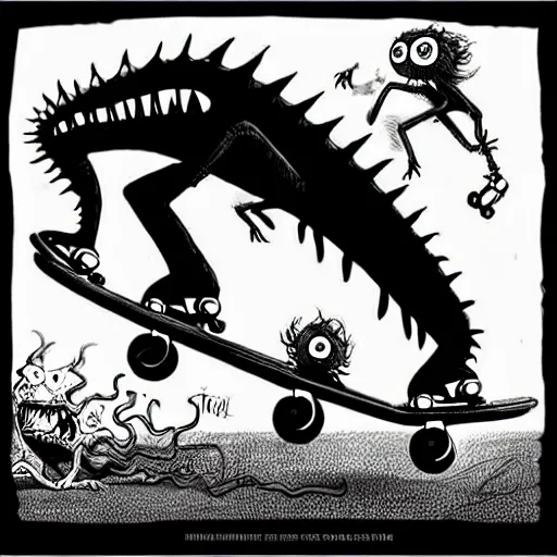 Prompt: black and white trippy comic art of dracularoller skating on roller skates, drawn by martin rowson, tim burton, studio ghibli, alex pardee, nekro petros afshar, james mcdermott, cgsociety 4 k