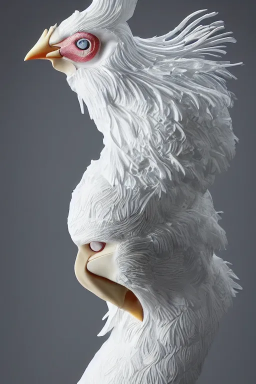 Image similar to full head and shoulders, realistic bjork porcelain rooster sculpture, smooth, delicate facial features, white eyes, white lashes, detailed white, lots of 3 d gold, all white features on a white background, by daniel arsham and james jean