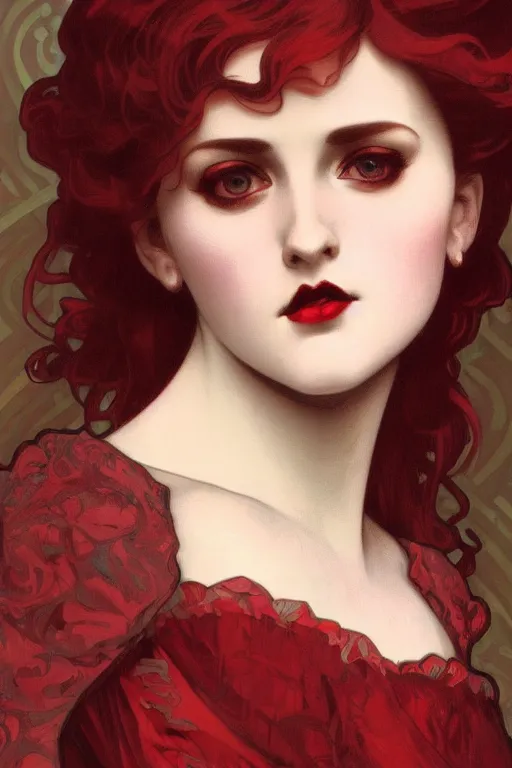 Prompt: A close-up portrait of a cute goth girl wearing a dark red dress by Alphonse Mucha, art nouveau card, wlop, trending on artstation, 8k