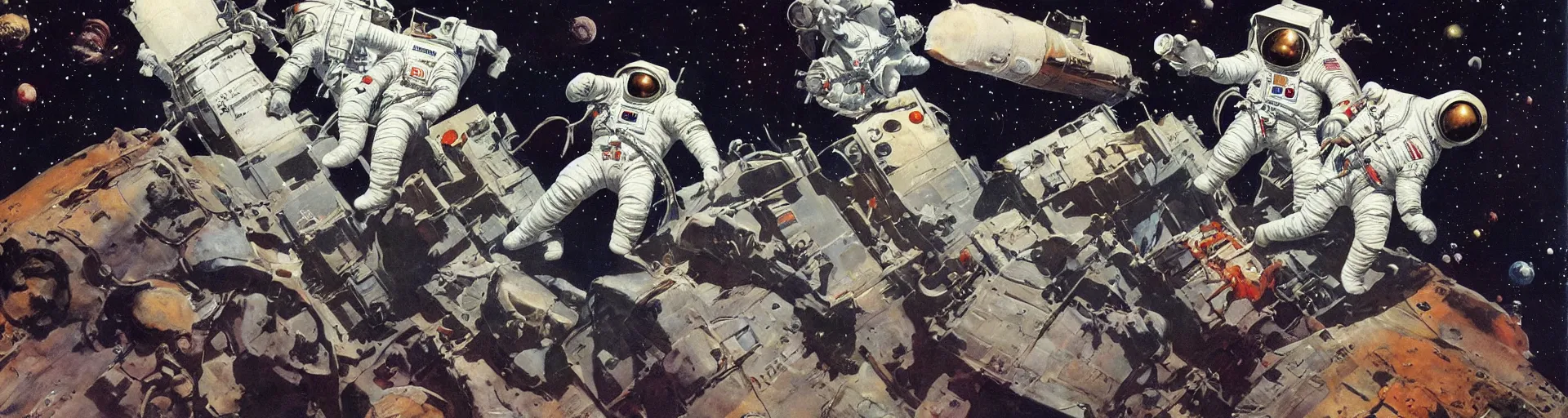 Image similar to astronauts in the space by frank frazetta