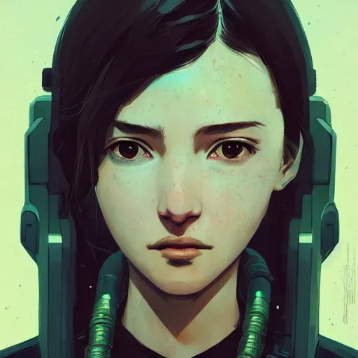 Prompt: Highly detailed portrait of a cyberpunk young lady with, freckles and wavy hair by Atey Ghailan, by Loish, by Bryan Lee O'Malley, by Cliff Chiang, by Greg Rutkowski, inspired by image comics, inspired by graphic novel cover art, inspired by nier!! Gradient color scheme ((snowy arctic blizzard background)), trending on artstation