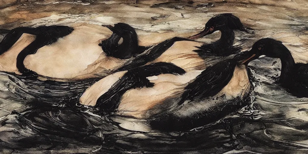Prompt: black swans melting together in the dark waters. by andrew wyeth, jenny saville and nicola samori