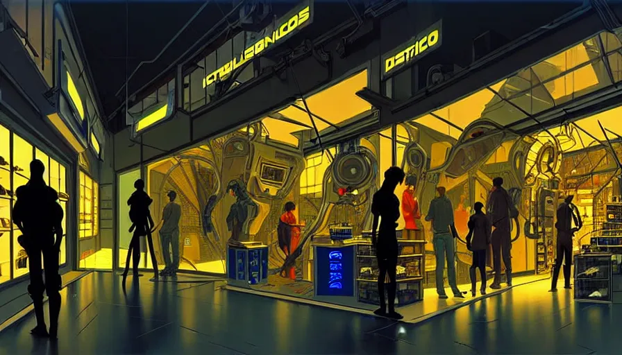 Prompt: inside a robotic shop store in The City of Lisbon at night with a few customers, extreme plus resolution scifi concept art, intricate details to everything visible, sharp lighting, Dramatic light by denis villeneuve, strong emphasis on alphonse mucha, Makoto Shinkai