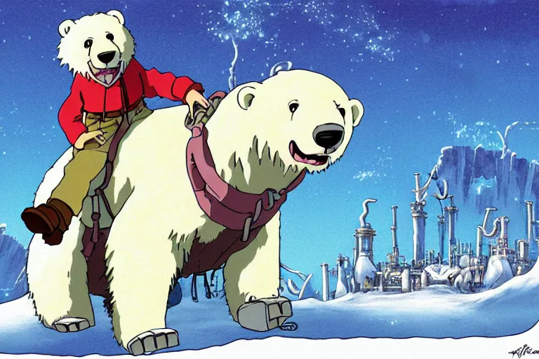 Image similar to cell shaded cartoon of a giant lovecraftian polar bear from howl's moving castle ( 2 0 0 4 ), with a mechanical city on his back as a backpack, on an icy road, full body, wide shot, very muted colors, post grunge, studio ghibli, highly detailed, deviantart, art by artgem