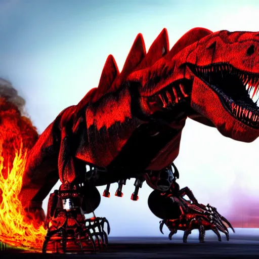 Image similar to t-rex mecha bursting flames, photorealistic, 3D