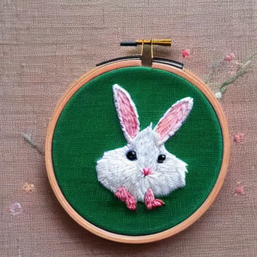 Image similar to a tiny beautiful handmade embroidery of a very cute rabbit. hand embroidery.