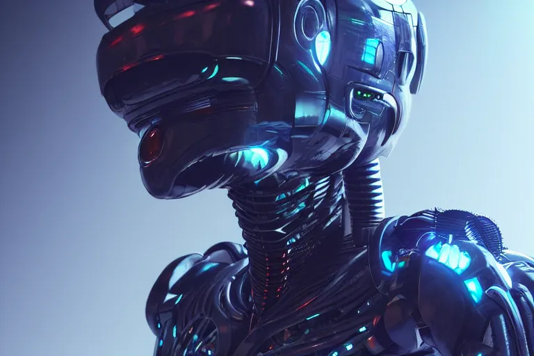 Image similar to cyberpunk alien concept inspired robot, futuristic look, highly detailed body, very powerful, photorealistic camera shot, bright studio setting, studio lighting, crisp quality and light reflections, unreal engine 5 quality render