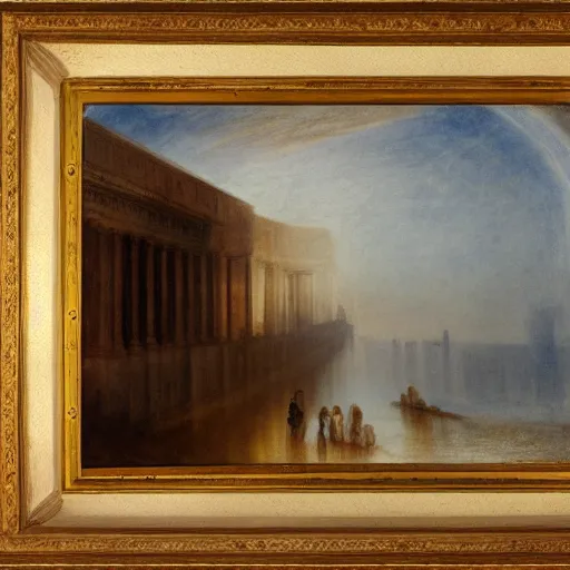 Image similar to the Roman villa by the harbour, ancient art, light of god, Tate collection, in style of J.M.W. Turner