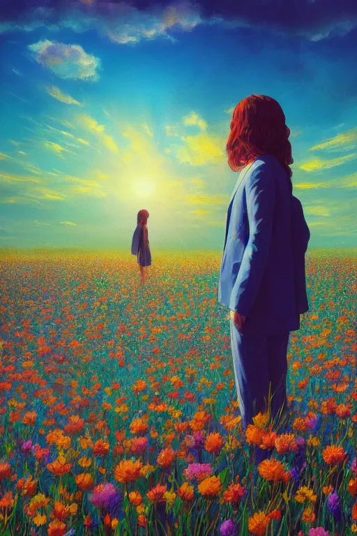 Image similar to closeup, giant flower head, girl in suit standing in a field of flowers, surreal photography, sunrise, blue sky, dramatic light, impressionist painting, digital painting, artstation, simon stalenhag