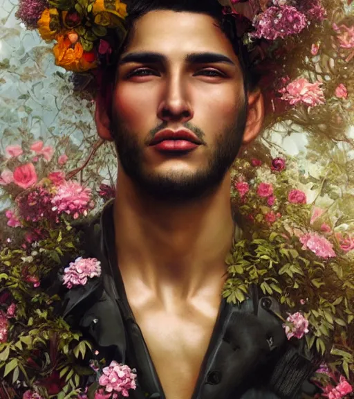 Image similar to portrait of a very handsome peruvian male model, surrounded by flowers by karol bak, james jean, tom bagshaw, rococo, trending on artstation, cinematic lighting, hyper realism, octane render, 8 k, hyper detailed.