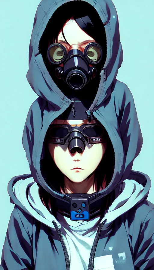 Image similar to cyberpunk anime girl in hoodie, cyberpunk gas mask, 3 / 4 shot, street night, grafity, beautiful face, grafity, arcane, action, tokyo street, detail, good face, pose model, concept art, in style of yoji shinkawa, pan ren wei, col price, atey ghailan, by greg rutkowski, aesthetic