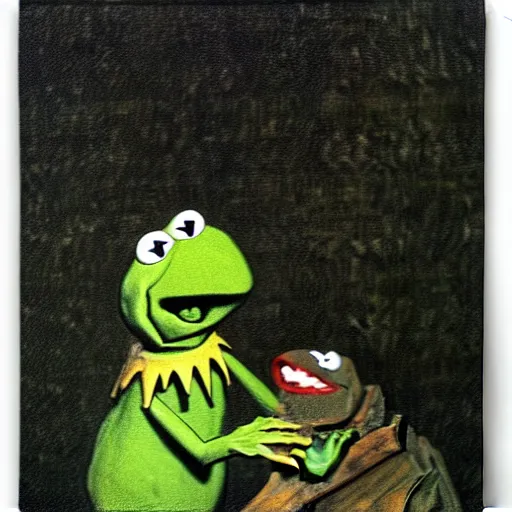 Image similar to “Kermit the Frog Devouring His Son” by Francisco Goya, fresco, horror