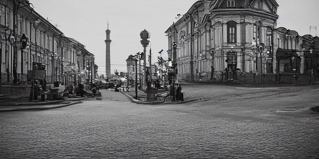 Prompt: bauman street in kazan city, nuar, shot on Leica A6, cinematic lighting, b&w