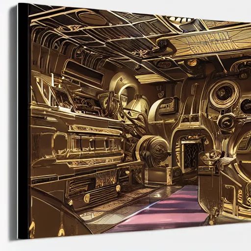 Image similar to painting of a syd mead scifi ancient civilzation interior engine room, filigree ornaments