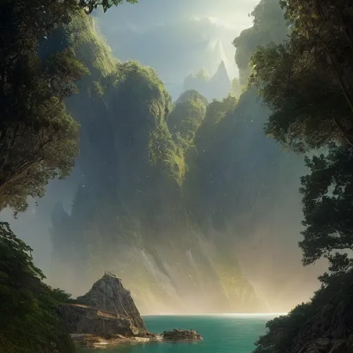 Prompt: a beautiful matte painting of beautiful render of a landscape the island of dreams, a place where all your deepest desires come true, unreal engine, first light, soft light, by greg rutkowski, cgsociety