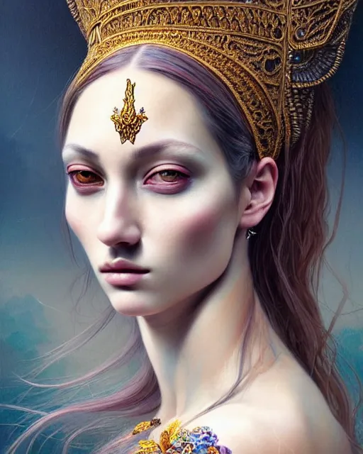 Image similar to portrait of a beautiful goddess, unusual beauty, esoteric, head in focus, fantasy art, ornamental aesthetics, intricate, elegant, highly detailed, hyperrealistic painting, concept art, painterly, sharp focus, illustration, art by ive freya