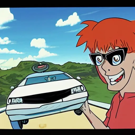 Prompt: scooby doo professionally driving inside a nissan pulsar through windy roads in the hills, drawn anime style