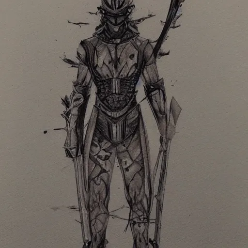 Image similar to japanese futuristic warrior with many scars, hard ink, no pencils, full body drawing