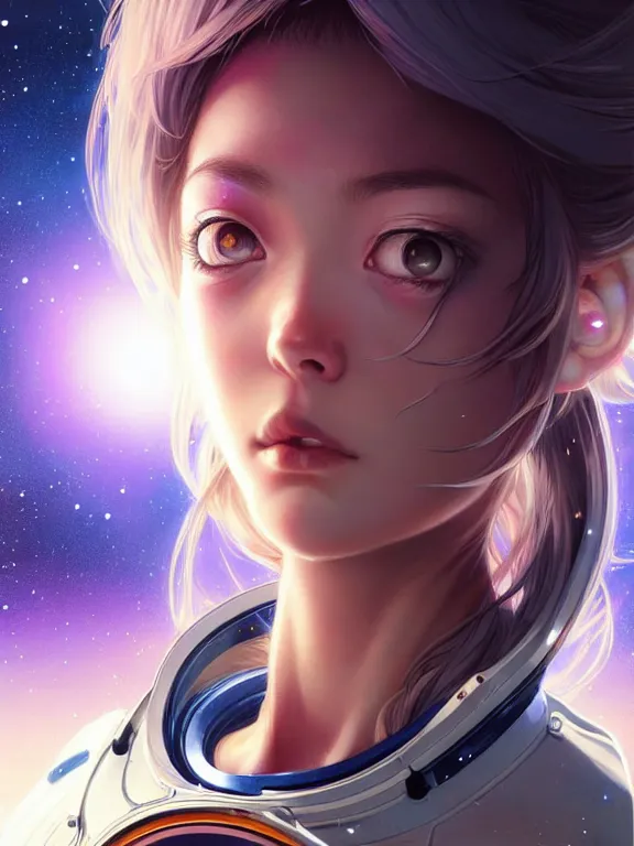 Prompt: close up picture of a space girl looking at the camera, bored, coveted, beautiful and aesthetic, intricate, unreal engine, messy hair, highly detailed, detailed face, smooth, sharp focus, chiaroscuro, manga illustration, artgerm, greg rutkowski, ilya kuvshinov, rossdraws, alphonse mucha, young adult light novel cover art