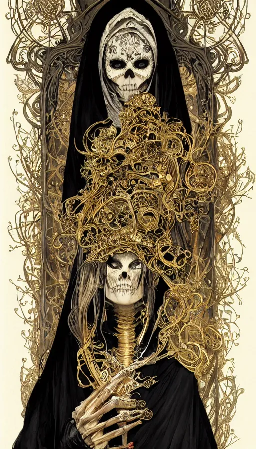 Image similar to a skeleton in a black cloak, highly detailed, very intricate, art nouveau, gold filigree, left right symmetry, tarot concept art watercolor illustration by mandy jurgens and alphonse mucha and alena aenami, featured on artstation