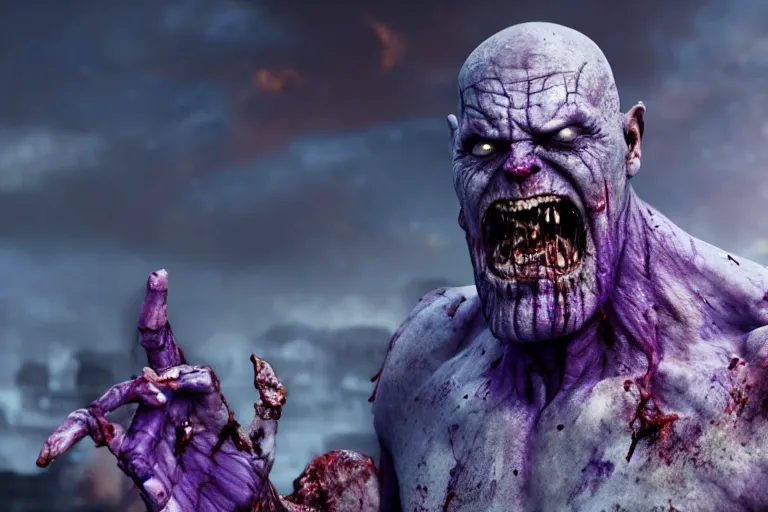 Image similar to film still of zombie zombie Thanos as a zombie in new avengers movie, 4k