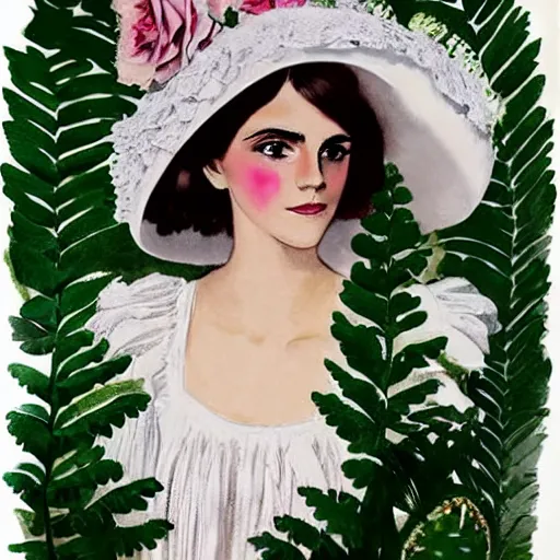 Image similar to On Construction Paper full body fashion model emma watson by Winslow Homer smokey eyes makeup eye shadow fantasy, glow, shimmer as victorian woman in a long white frilly lace dress and a large white hat having tea in a sunroom filled with flowers, roses and lush fern flowers ,intricate, night, highly detailed, dramatic lighting , high quality