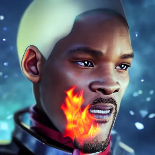 Prompt: portrait of will smith the mage of flame slaps, anime fantasy illustration by tomoyuki yamasaki, kyoto studio, madhouse, ufotable, square enix, cinematic lighting, trending on artstation