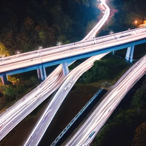 Prompt: highway bridge at night, areal view