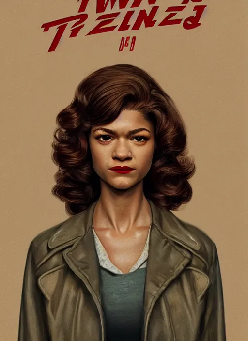 Prompt: twin peaks movie poster art, portrait of zendaya, from scene from twin peaks, clean, simple illustration, nostalgic, domestic, highly detailed, digital painting, artstation, concept art, smooth, sharp focus, illustration, artgerm, donato giancola, joseph christian leyendecker, wlop