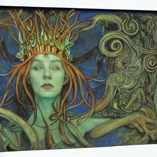 Image similar to the tentacle crown,by Annie Swynnerton and Diego Rivera, symbolist, dramatic lighting, elaborate geometric ornament, Art Brut, bioluminescent, soft blues and greens,smooth, sharp focus, extremely detailed, Adolf Wölfli