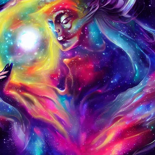 Image similar to lady gaga, galaxies and nebula flowing out of his body, artgerm, psychedelic floral planets, studio ghibli painterly style, trending on artstation