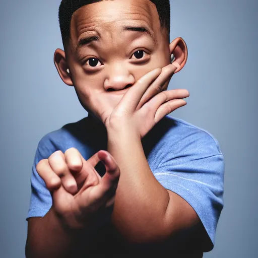 Image similar to 4 k editorial photograph of down syndrome midget will smith, sharp focus, soft lighting, edge lighting, studio portrait, 1 3 mm film color grading