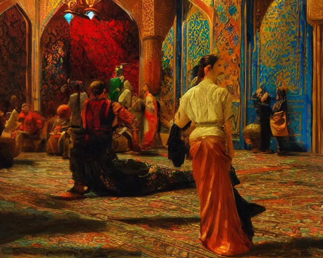 Image similar to an oil painting in the style of orientalism of dragons on display in a dragon auction in the grand bazaar of isfahan by edwin lord weeks, trending on artstation