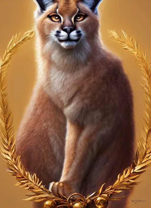 Image similar to cute fluffy caracal as apollo ancient greek god, golden wreath at background, details, fantasy, epic, ancient greek city, intricate, decadent, highly detailed, octane render, digital painting, artstation, concept art, sharp focus, illustration, art by artgerm, loish, wlop