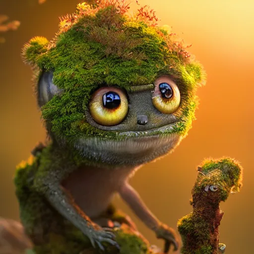 Image similar to a highly detailed painting of a tiny cute mossy forest creature by bobby chiu, big amber eyes, smiling, at sunset, macro photography, goro fujita