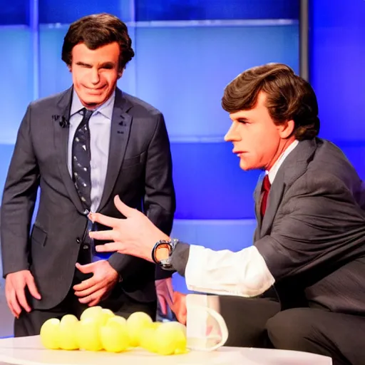 Prompt: a high quality photograph of Jimmy Dore inappropriately interacting with a blowup doll of Tucker Carlson on the set of Tucker Carlson tonight live on Fox News