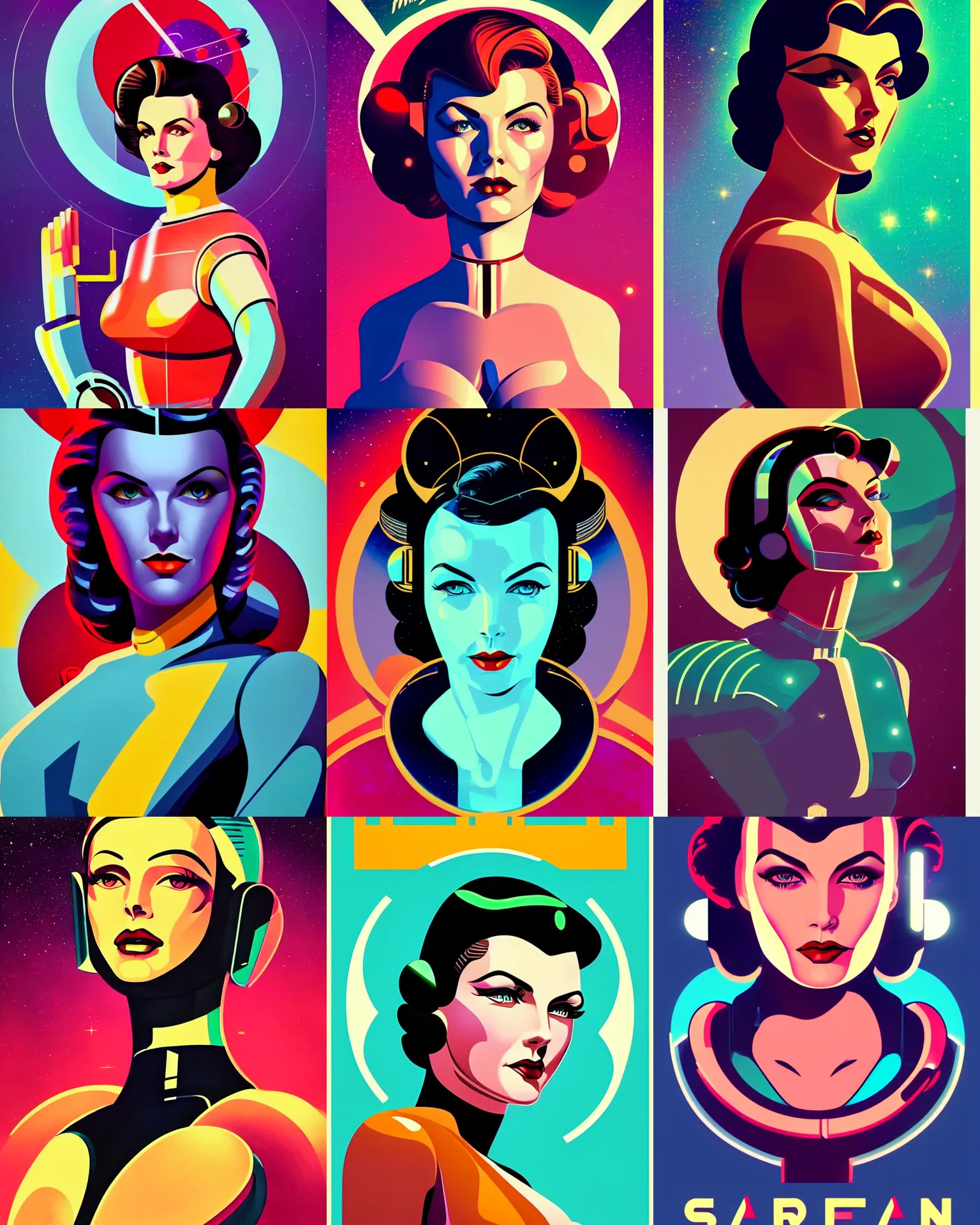 Prompt: art deco poster of android sherilyn fenn 2 2 years old space woman, half robot and half woman, retro futurism, solaris, half portrait by stanley artgerm, dramatic lighting, ilya kuvshinov, trending on artstation, flat colour, geometric curves, gradient filter, pleasing tone colours