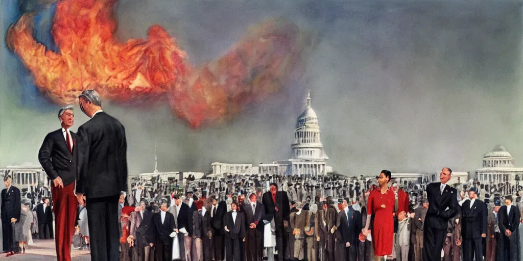 Image similar to United States President viewing the Capital Burn, 1958, Oil on Canvas, Antiwar, full body, dramatic, surreal, digital art