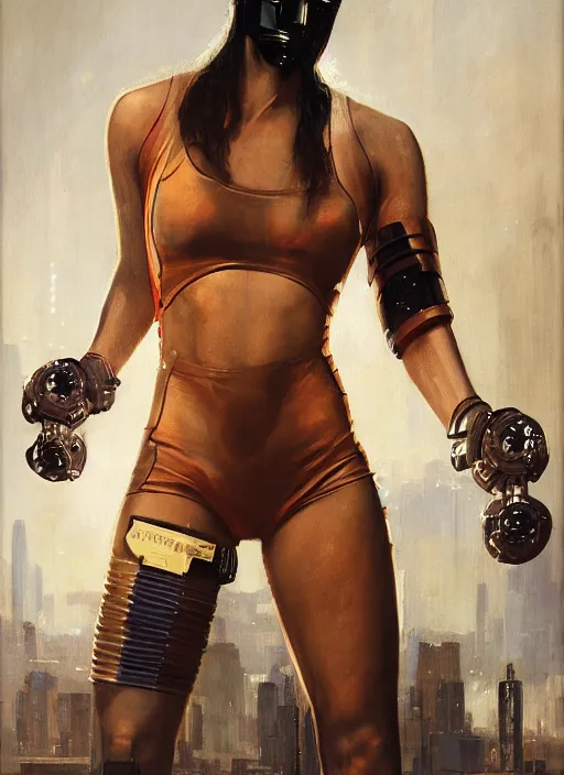 Image similar to buff cyberpunk olympic boxer with robotic arms and cybernetic eyepiece wearing a jumpsuit ( blade runner 2 0 4 9, cyberpunk 2 0 7 7 ). orientalist portrait by john william waterhouse and james gurney and theodore ralli and nasreddine dinet, oil on canvas. cinematic, hyper realism, realistic proportions, dramatic lighting, high detail 4 k