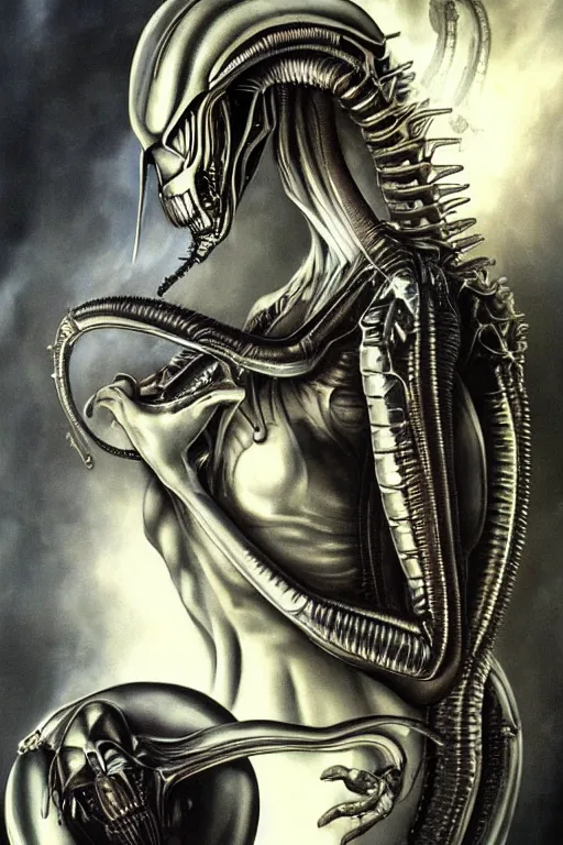 Image similar to beautiful young gillian andersom with alien xenomorph queen by h.r. giger, detailed, proportional, trending on art station, 4k