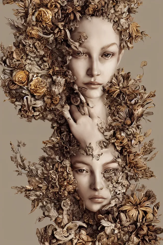 Prompt: a sculpture made of wood and flower, portrait, queen, future, fairy, harper's bazaar, vogue, magazine, insanely detailed and intricate, concept art, ornate, luxury, elite, elegant, trending on artstation, by Ruan Jia, Kenneth Willardt, Ross Tran, WLOP, Andrei Riabovitchev.