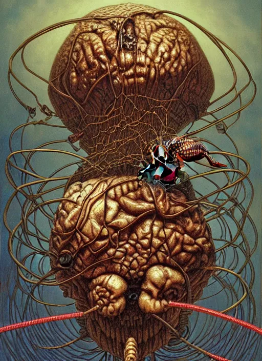 Prompt: realistic detailed image of little cockroaches and flies eating a big human brain connected with wires and cords to a huge PC computer from 90s in an old dirty soviet apartment by Ayami Kojima, Amano, Karol Bak, Greg Hildebrandt, and Mark Brooks, Neo-Gothic, gothic, rich deep colors. Beksinski painting, part by Adrian Ghenie and Gerhard Richter. art by Takato Yamamoto. masterpiece. realistic detailed image